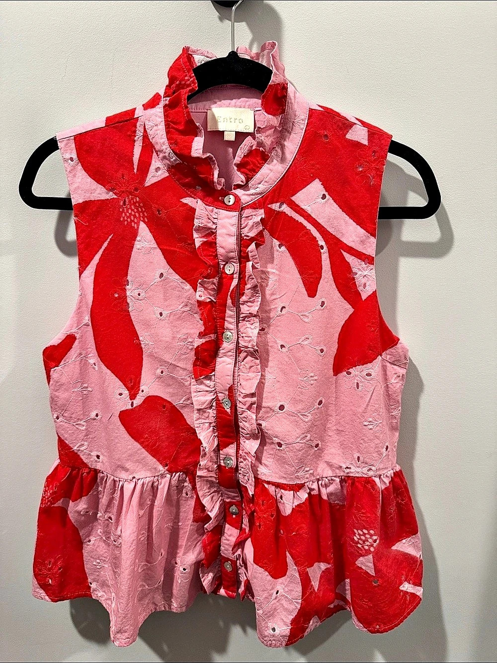 Entro Pink & Red Eyelet Ruffle Women’s Top